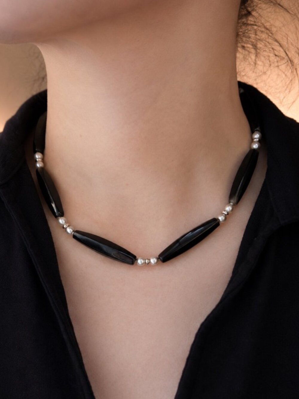 Natural Black Onyx & Pearl Necklace | Faceted Stone | Unisex